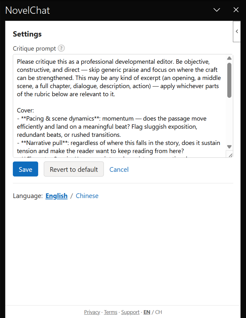 NovelChat's Settings screen showing an editable Critique prompt field, Save, Revert to default, and Cancel buttons, and a Language toggle