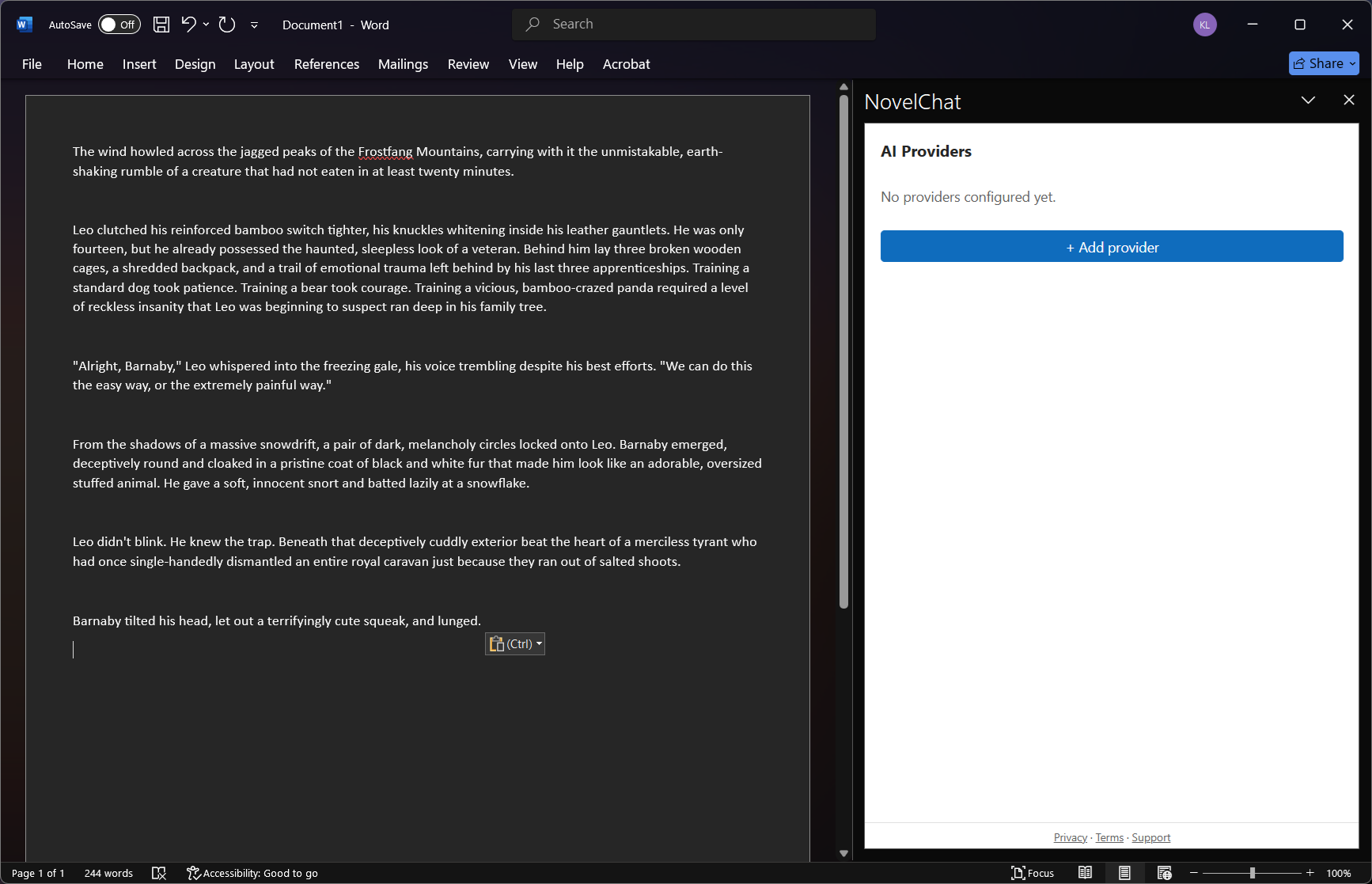 NovelChat task pane with no providers configured yet, showing an Add provider button