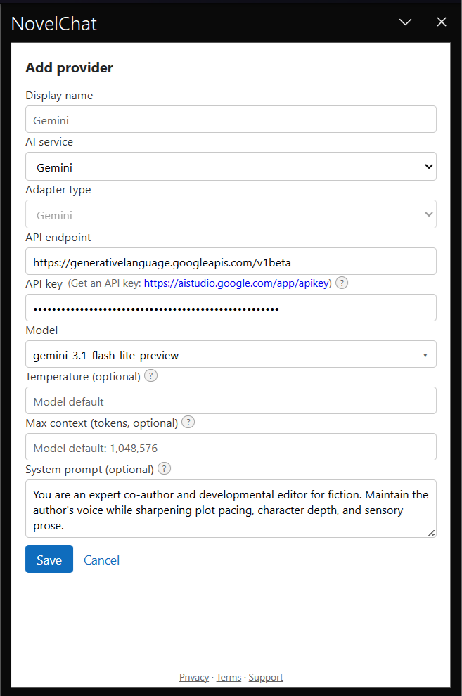 NovelChat's Add provider form filled in with a Gemini provider