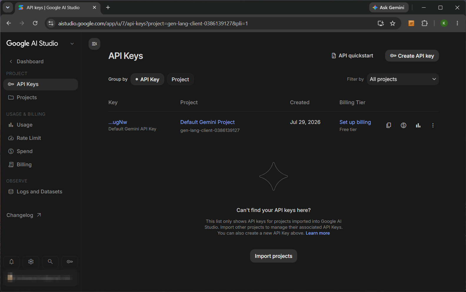 Google AI Studio's API Keys page, where you generate a Gemini API key