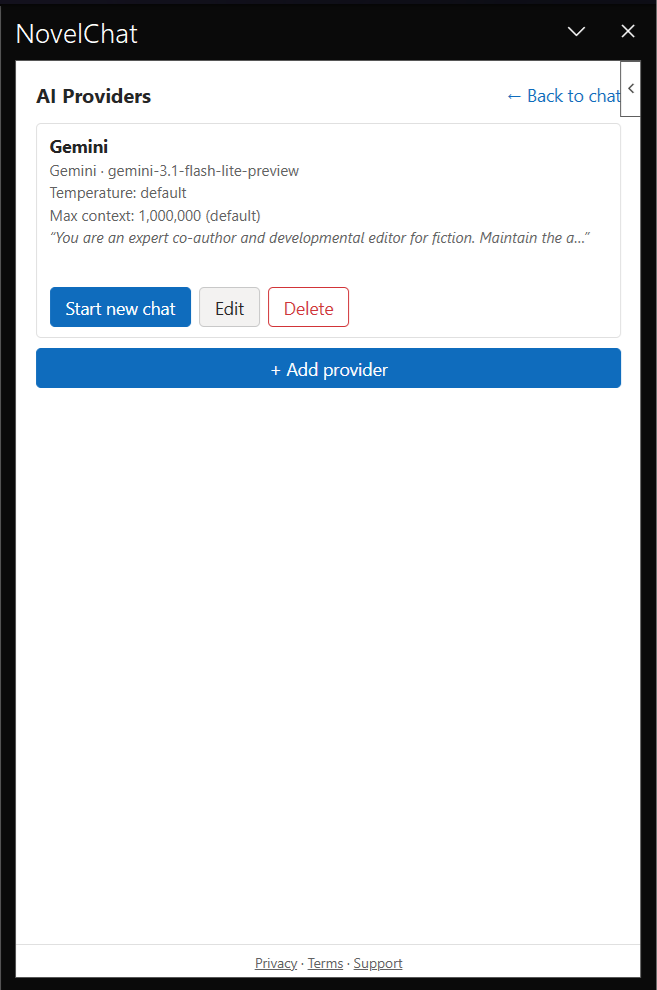 NovelChat provider list showing the newly added Gemini provider with a Start new chat button