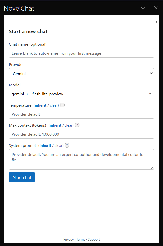 NovelChat's Start a new chat screen with provider and model selected