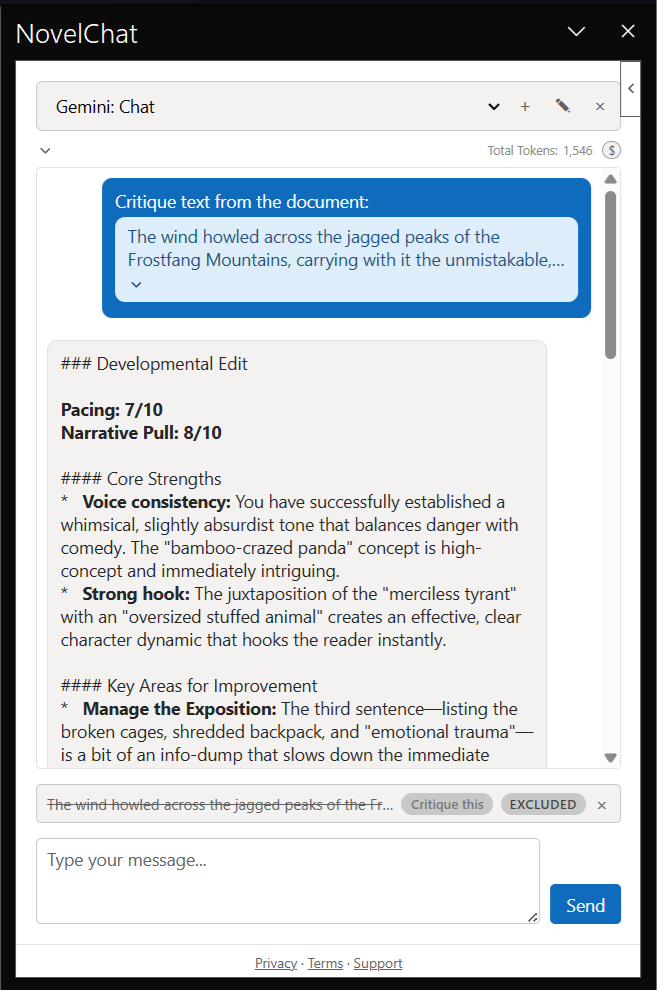 A NovelChat conversation critiquing text selected from the Word document
