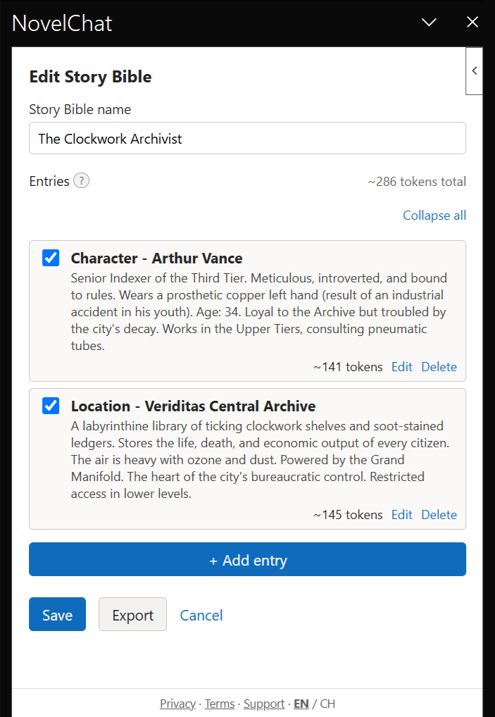 NovelChat's Edit Story Bible screen showing a name field and two entries, Character - Arthur Vance and Location - Veriditas Central Archive, each with a token count, checkbox, Edit, and Delete